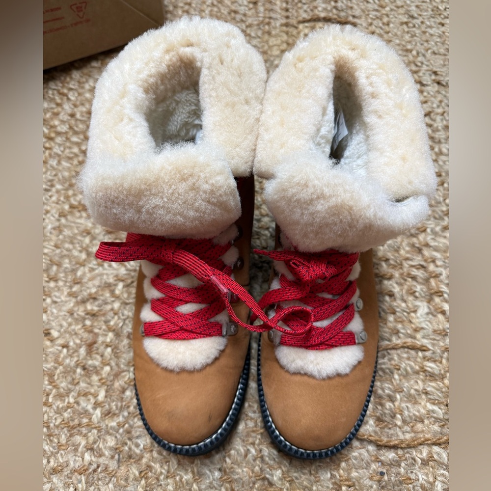 J Crew Soft fur-lined boots with red lace details
